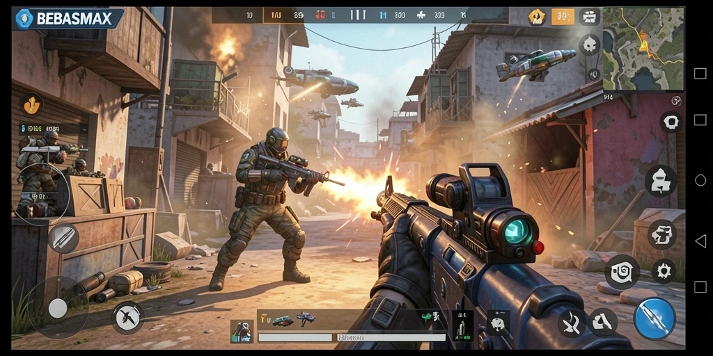 Tampilan gameplay intens di BEBASMAX dengan aksi tembak-menembak yang mendebarkan.