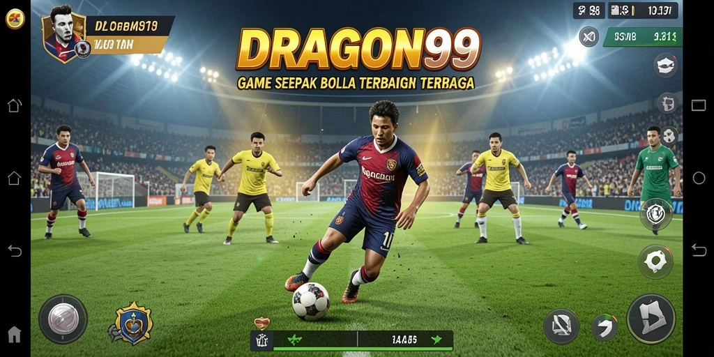 Screenshot gameplay DRAGON99 menunjukkan aksi seru di lapangan sepak bola.