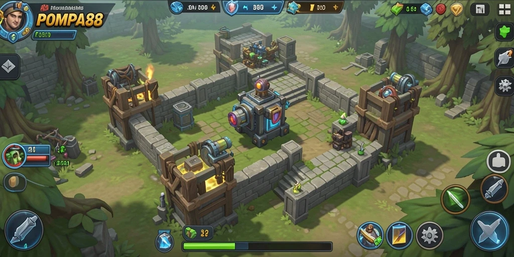 Tampilan gameplay seru dalam POMPA88 dengan menara yang siap bertahan.